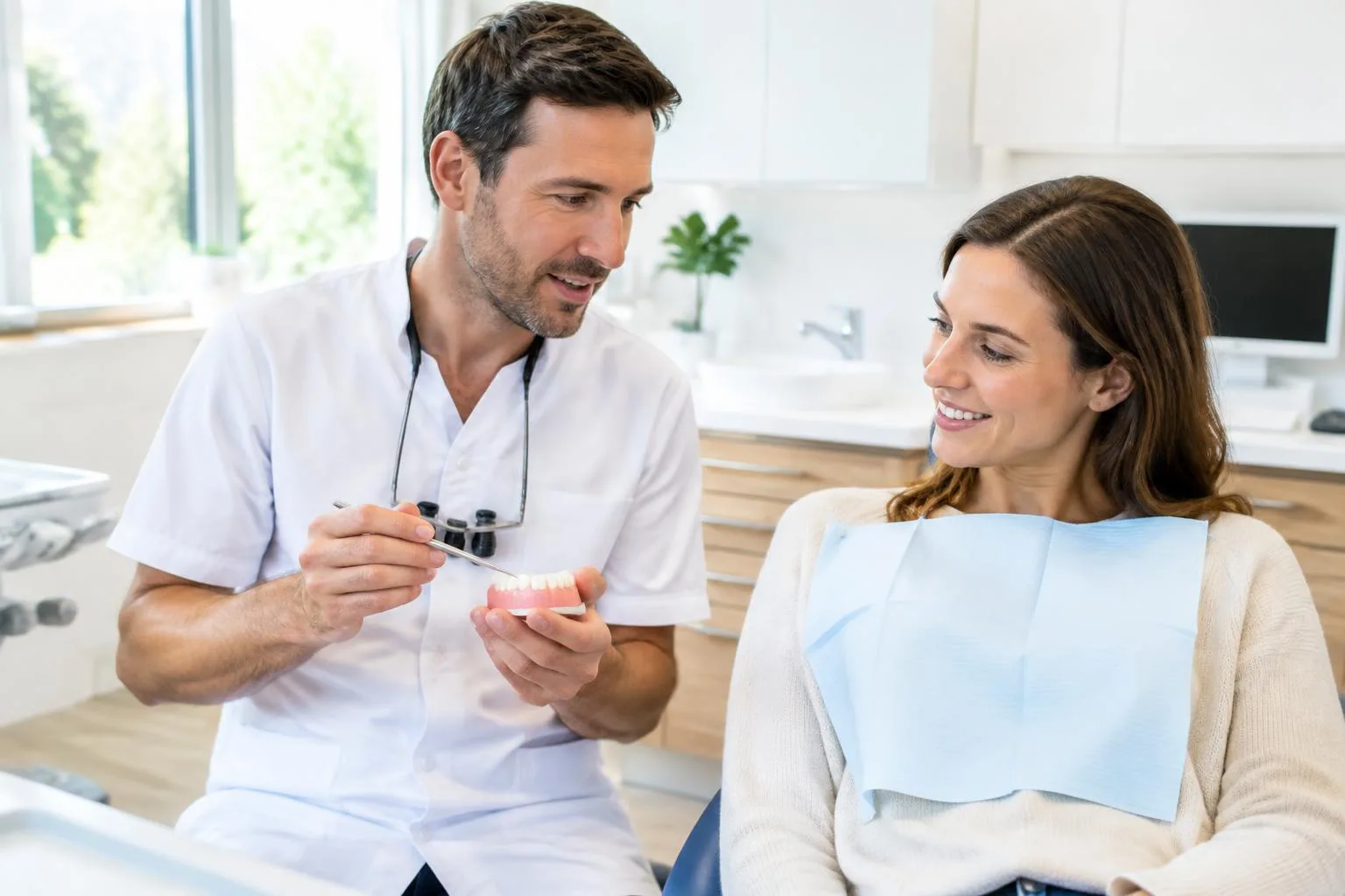 Chirurgien-dentiste expliquant un soin à une patiente