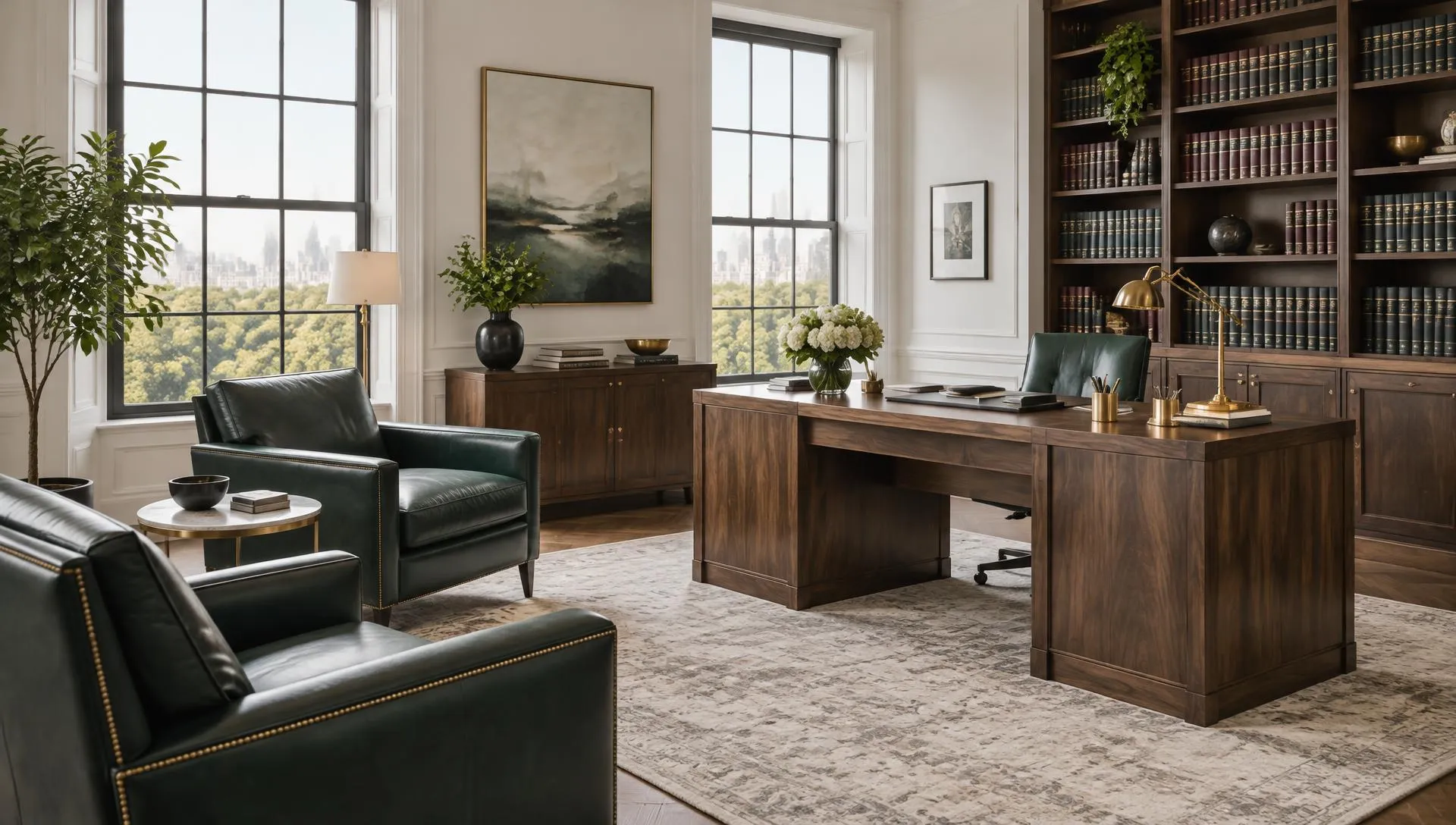 Bureau d'un cabinet d'avocats contemporain, lumineux, avec fauteuils en cuir vert, bureau en noyer et bibliothèque d'ouvrages juridiques
